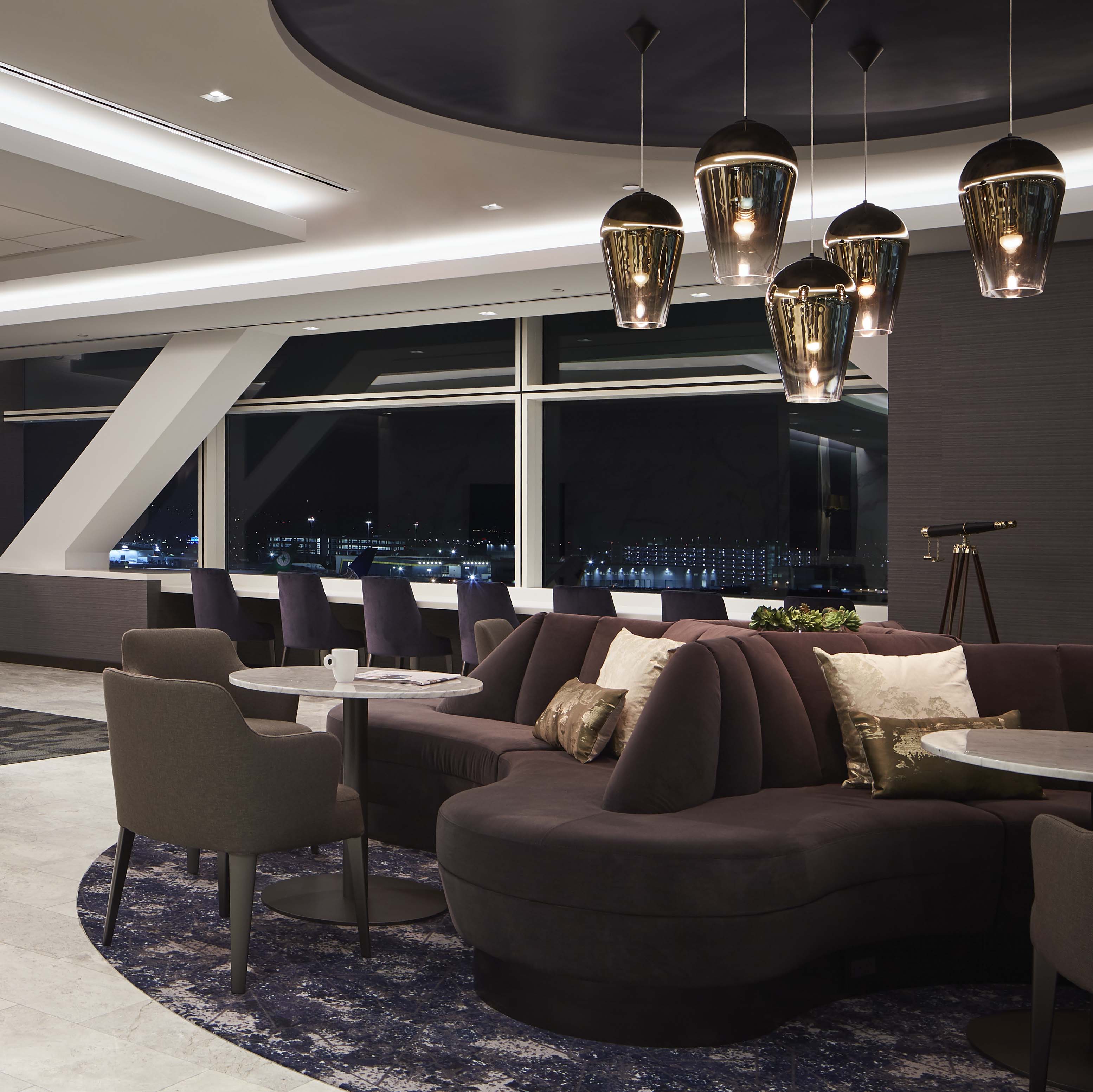 Lounge at SCB's United Polaris SFO. Architecture. Aviation. Interior Design.