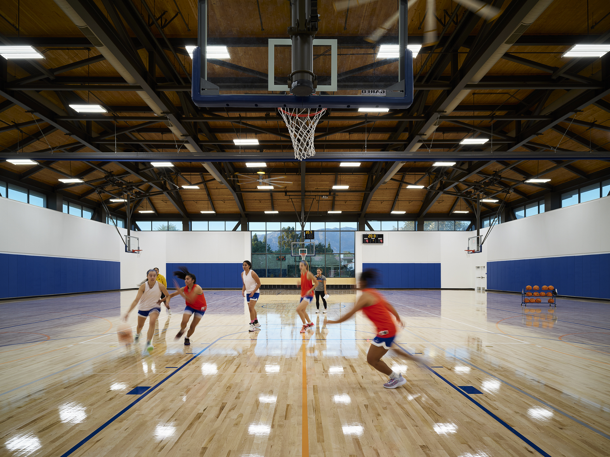 Basketball court at SCB's Pomona-Pitzer Center for Athletics, Recreation and Wellness. Architecture. Campus Environments. Campus Life.