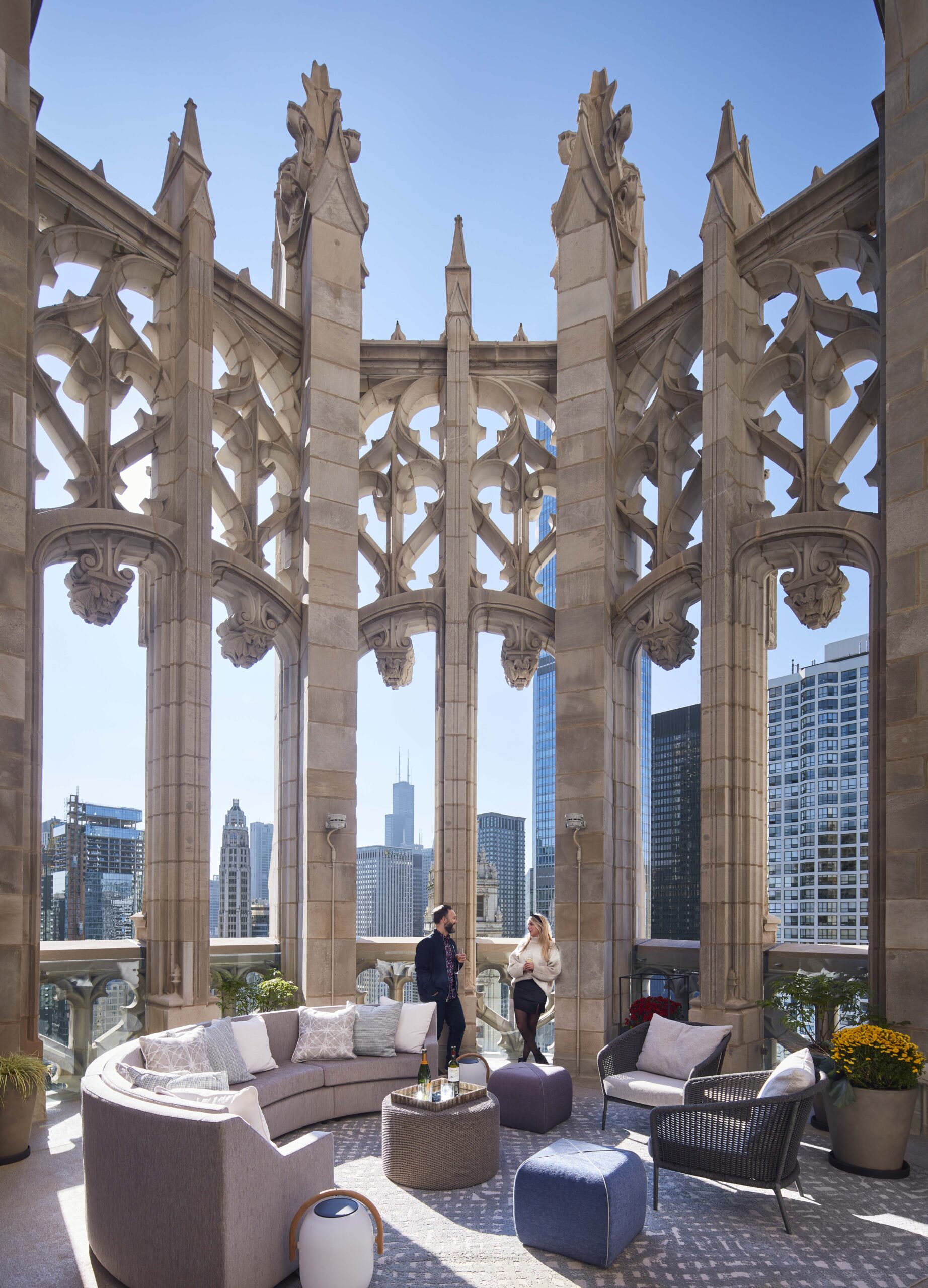 Rooftop terrace in the crown of SCB's Tribune Tower Conversion. Architecture. Adaptive Reuse. Renovation. Residential.