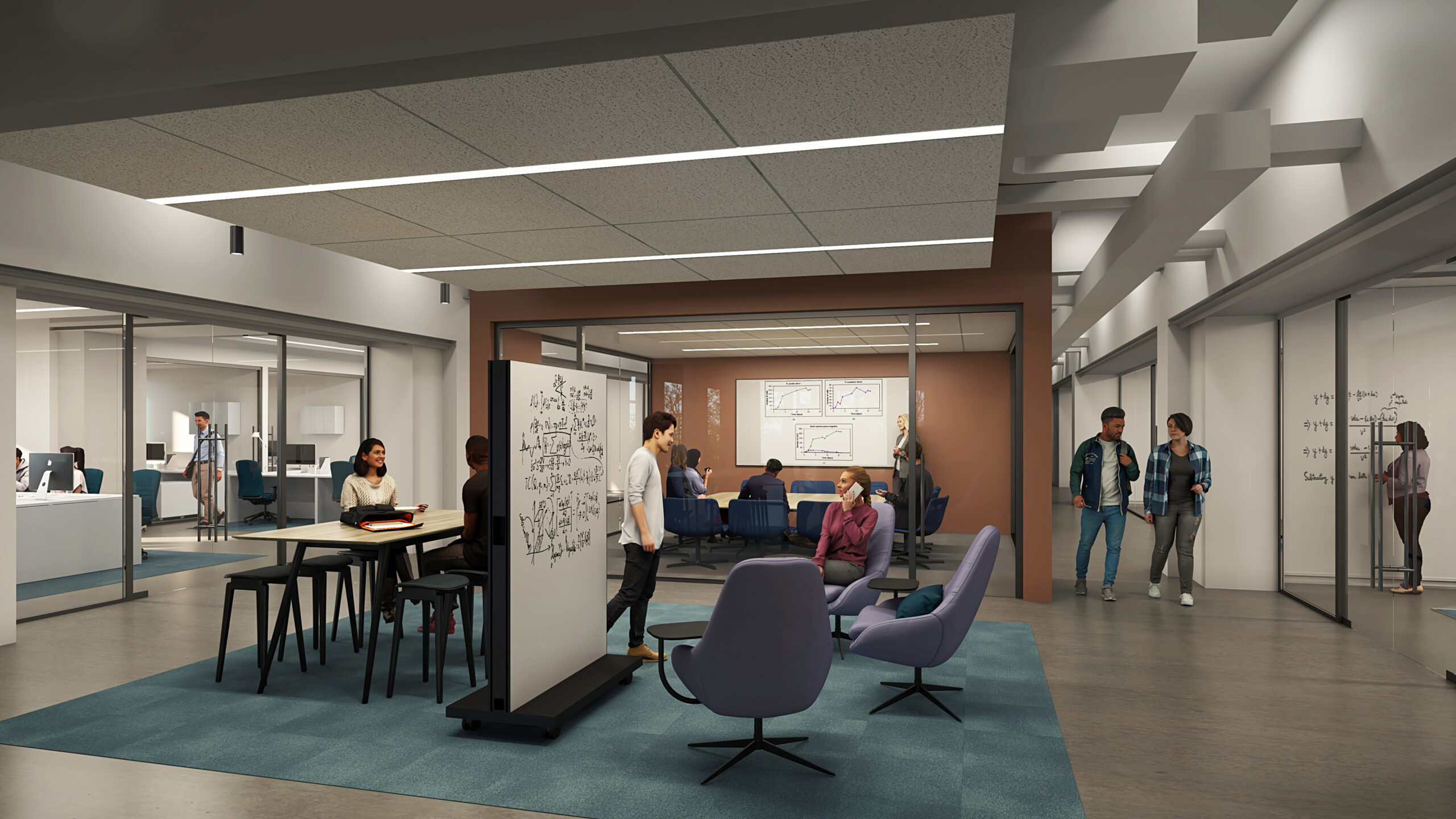 Group study space at SCB's Health and Social Innovation Centre. Architecture. Campus Environments. Learning Environments. Science and Technology.