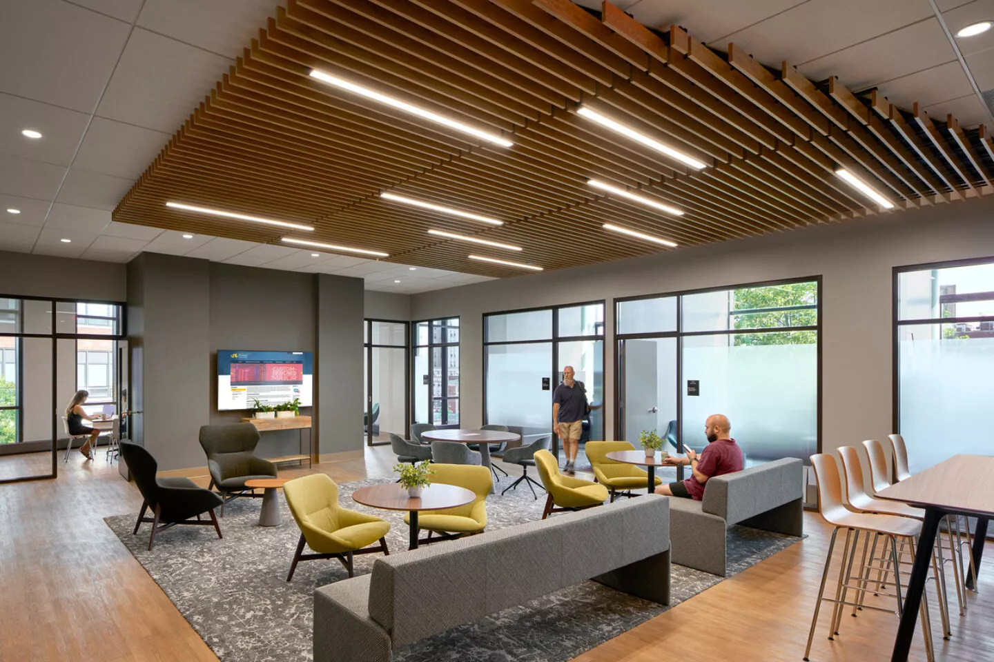 Lounge at SCB's Bentley Hall and Pennoni Honors College. Interior Design. Campus Environments.