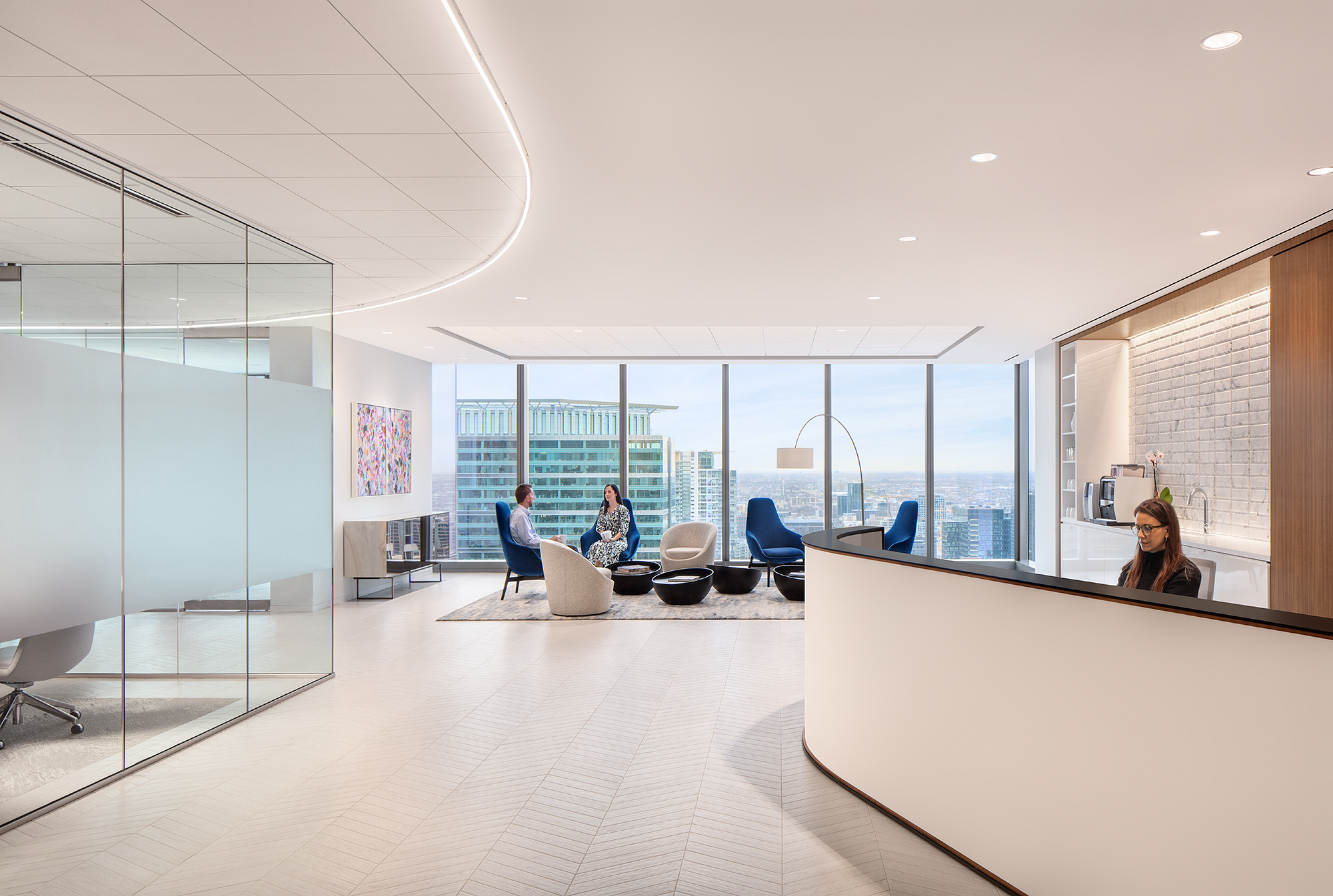 Reception lobby at SCB's Fortune 500 Global Asset Manager. Interior Design. Workplace.